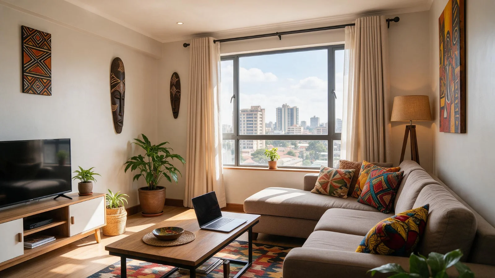 A bright, modern Airbnb apartment interior in Nairobi featuring a cozy living room with African art accents, a laptop on the coffee table, potted plants, and a large window overlooking the city — desi