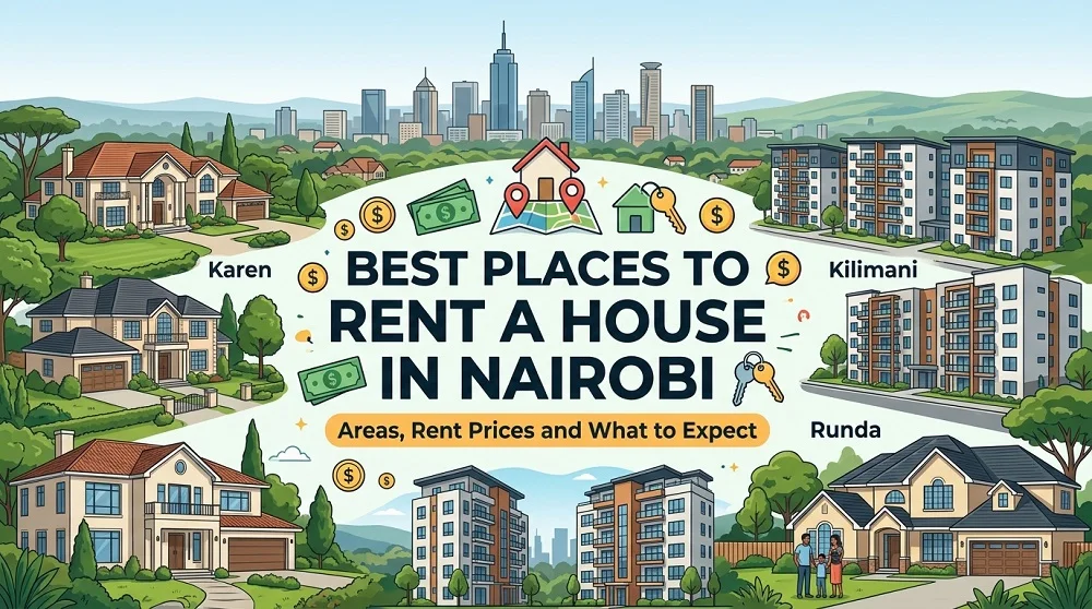 A vibrant digital illustration of Nairobi's housing landscape, featuring a mix of modern houses, luxury villas, and high-rise apartments across multiple neighborhoods.